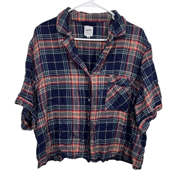 Aerie Blue Plaid Button Down Collared Cropped Shirt - Picture 1 of 4